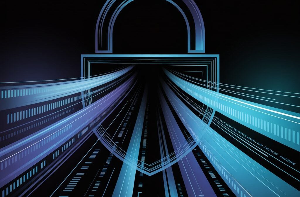 A sleek, abstract visual showing digital data streams—flowing lines or light trails—gradually forming the shape of a lock or shield. Color palette: deep blue, teal, and silver, evoking trust, security, and technology.